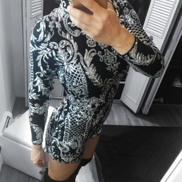 LAST 1▪️Sequin Black Silver Party Romper - Picture 1 of 8